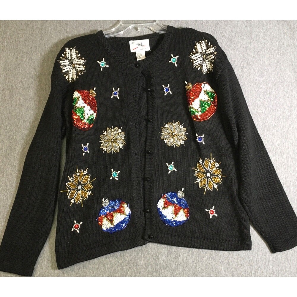 Vintage Bechamel Womens M Black Sequenced Christmas Buttonup Cardigan Sweater